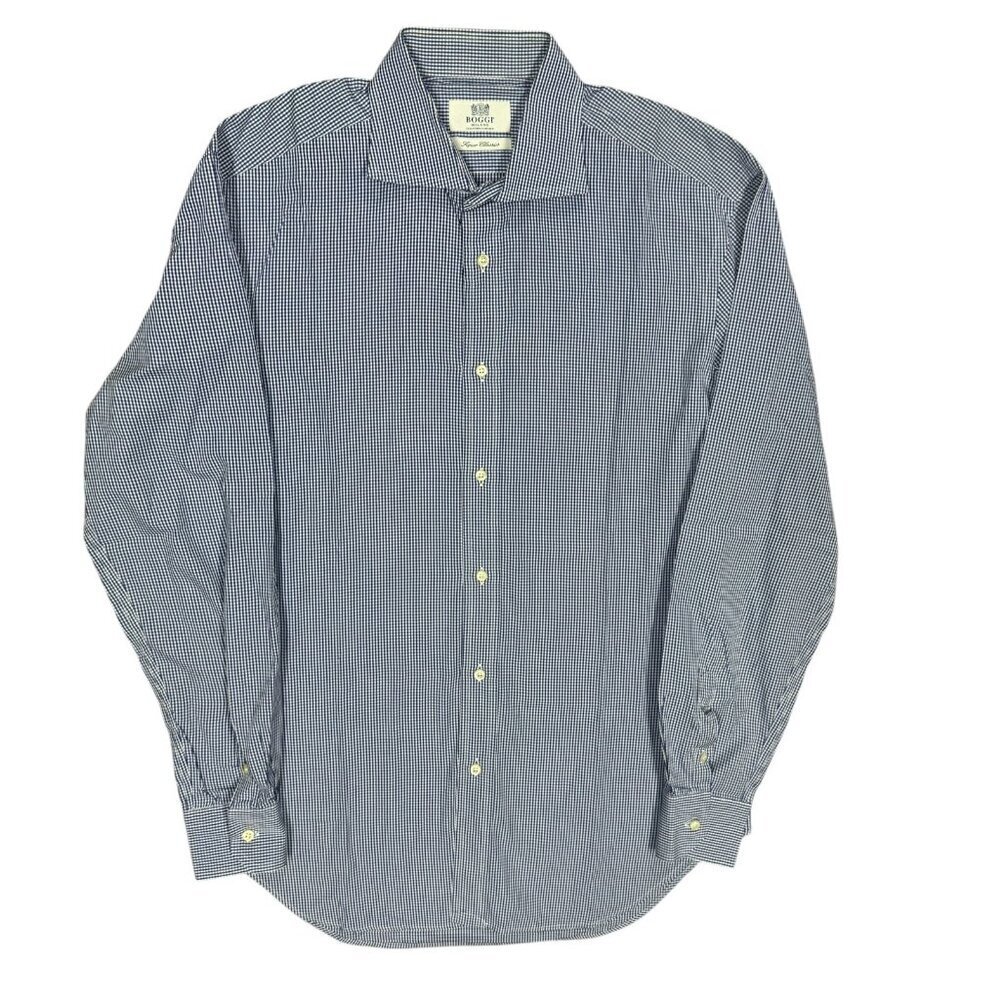 BOGGI Milano Super Classics Blue Check Dress Shirt 41 16 Large